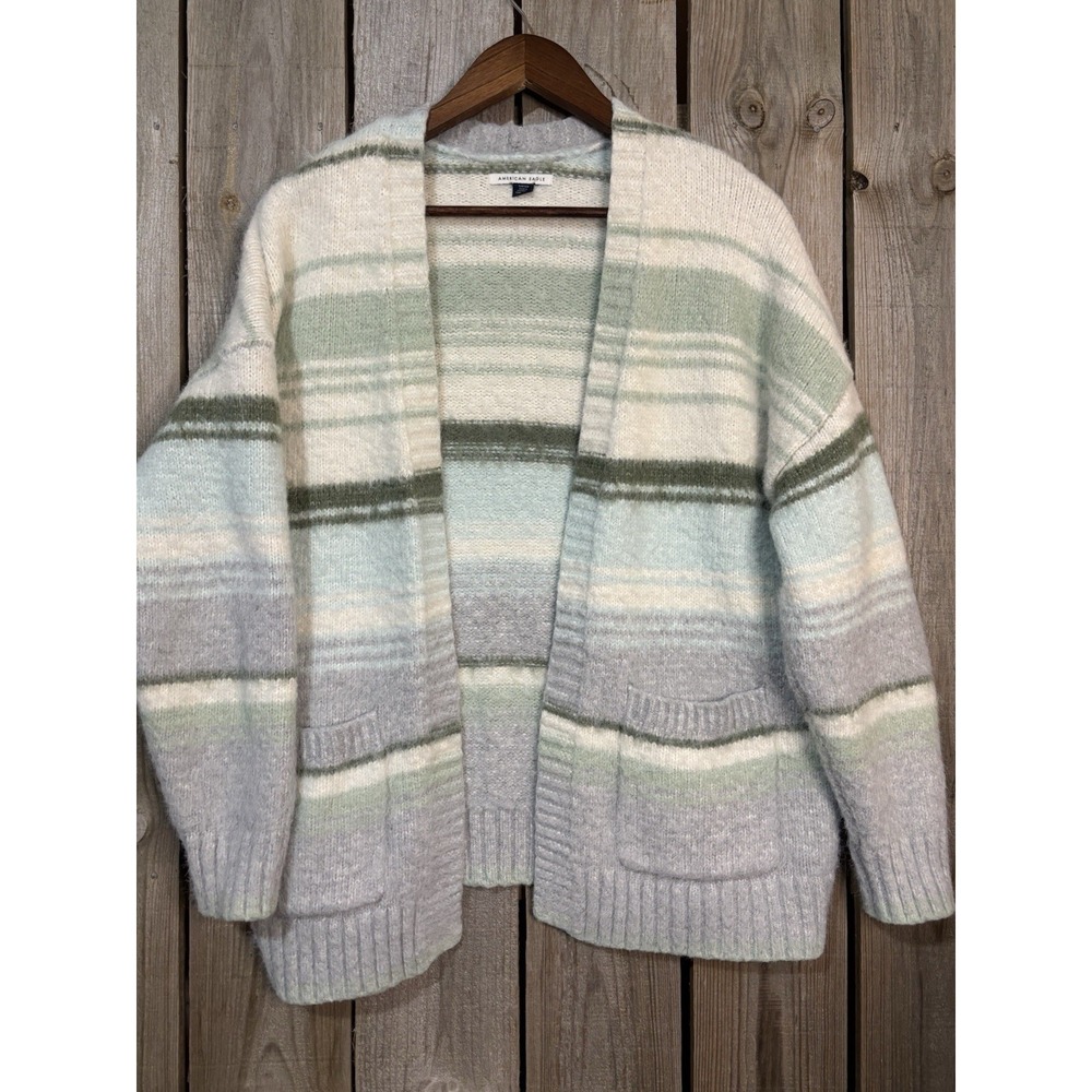 AE Soft Striped Fuzzy Cardigan 🧊 Sage‎ + Cream Cozy Knit | Size S